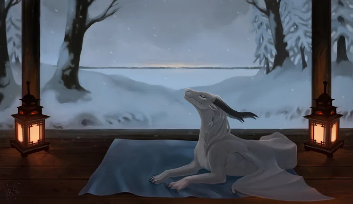 Winter Serenity - Art, The Dragon, Winter, Snow, Calmness, Serenity, Hut, Lies, Digital drawing, Ingvas