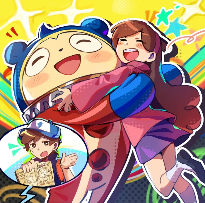 Wow, a talking bear! - Anime art, Anime, Animated series, Gravity falls, Dipper pines, Mabel pines, Persona 4, Crossover, Persona, Games