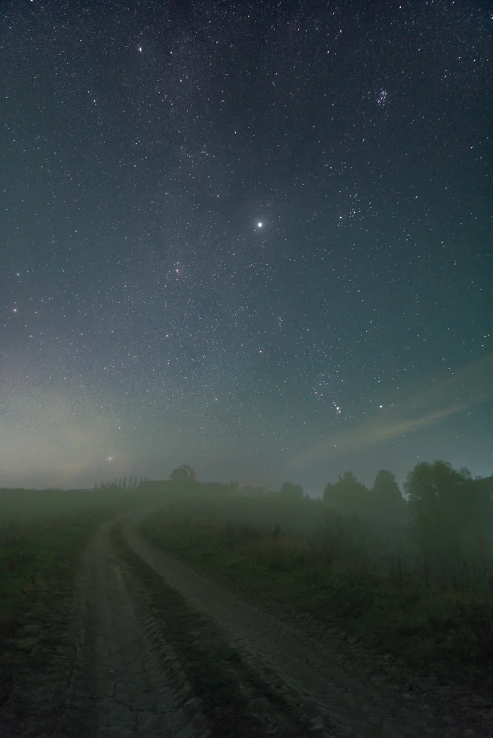 The Road to Orion - My, Road, Village, Astrophoto, Milky Way, Starry sky, Orion, Landscape, Night, Fog