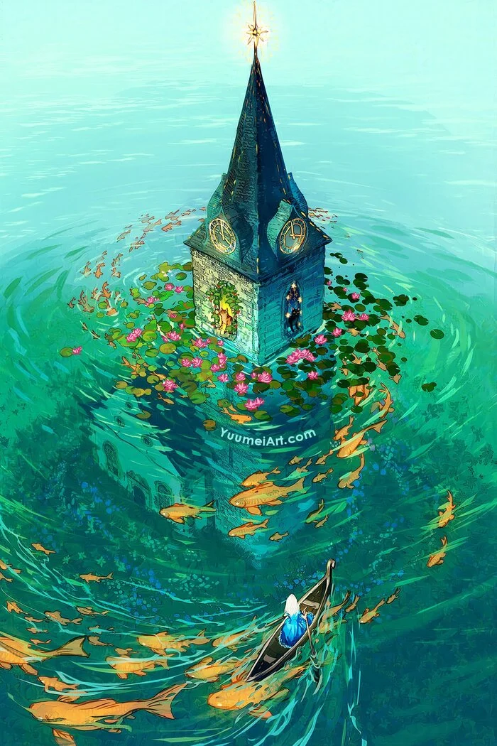 The Flooded Church - Art, Drawing, Girls, Water, Church, cat, A fish, Yuumei