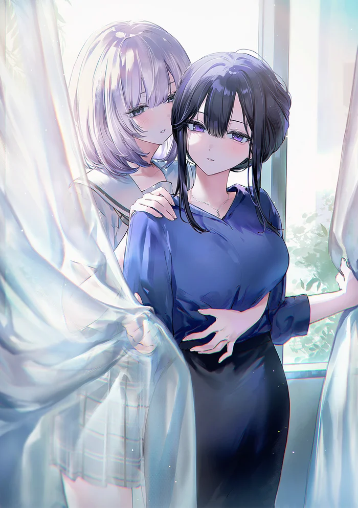 Original - Anime art, Anime, Friend, Yuri, Original character, Hugs, Twitter (link)