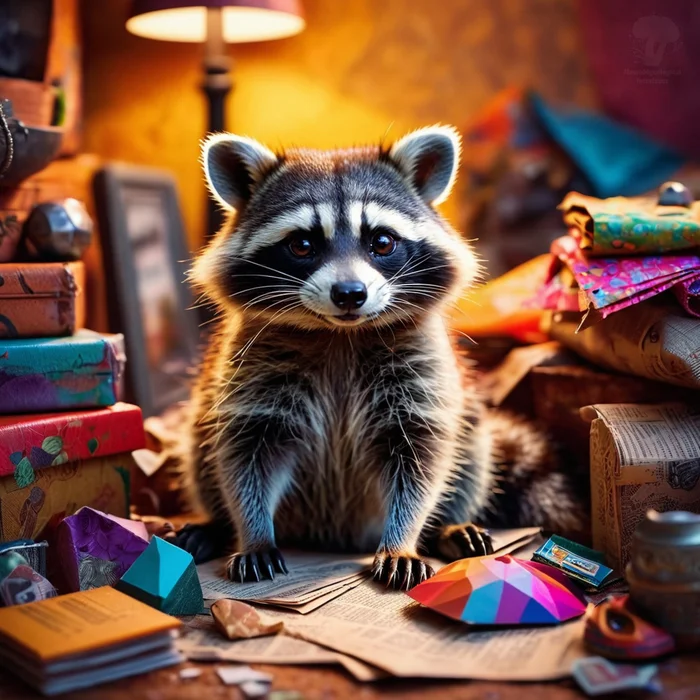 Happy Healthy Perfectionism Day! - My, Neural network art, Chatgpt, Stable diffusion, 2D, Art, Postcard, Raccoon, Mess, Perfectionism, Absurd