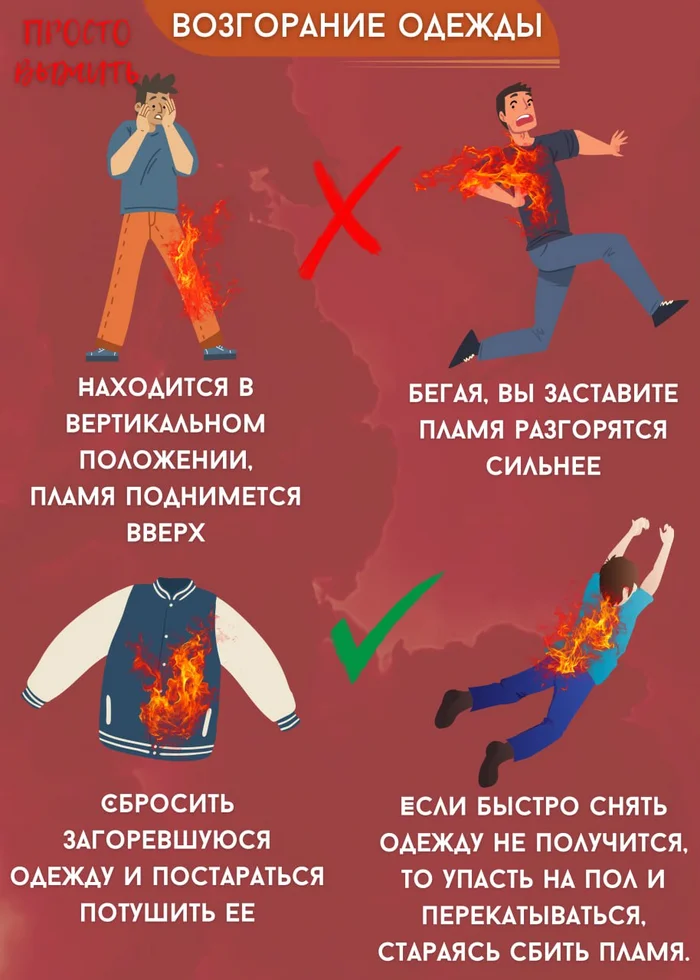 What to do if your clothes catch fire: simple steps to rescue - My, Education, Survival, Infographics, Combustion, Cloth, The rescue, Rules, Danger, Flame, Fire, Steps, What to do, Fight for survival, Fire, Safety engineering, Advice, Burn, Actions, A life, Bad idea