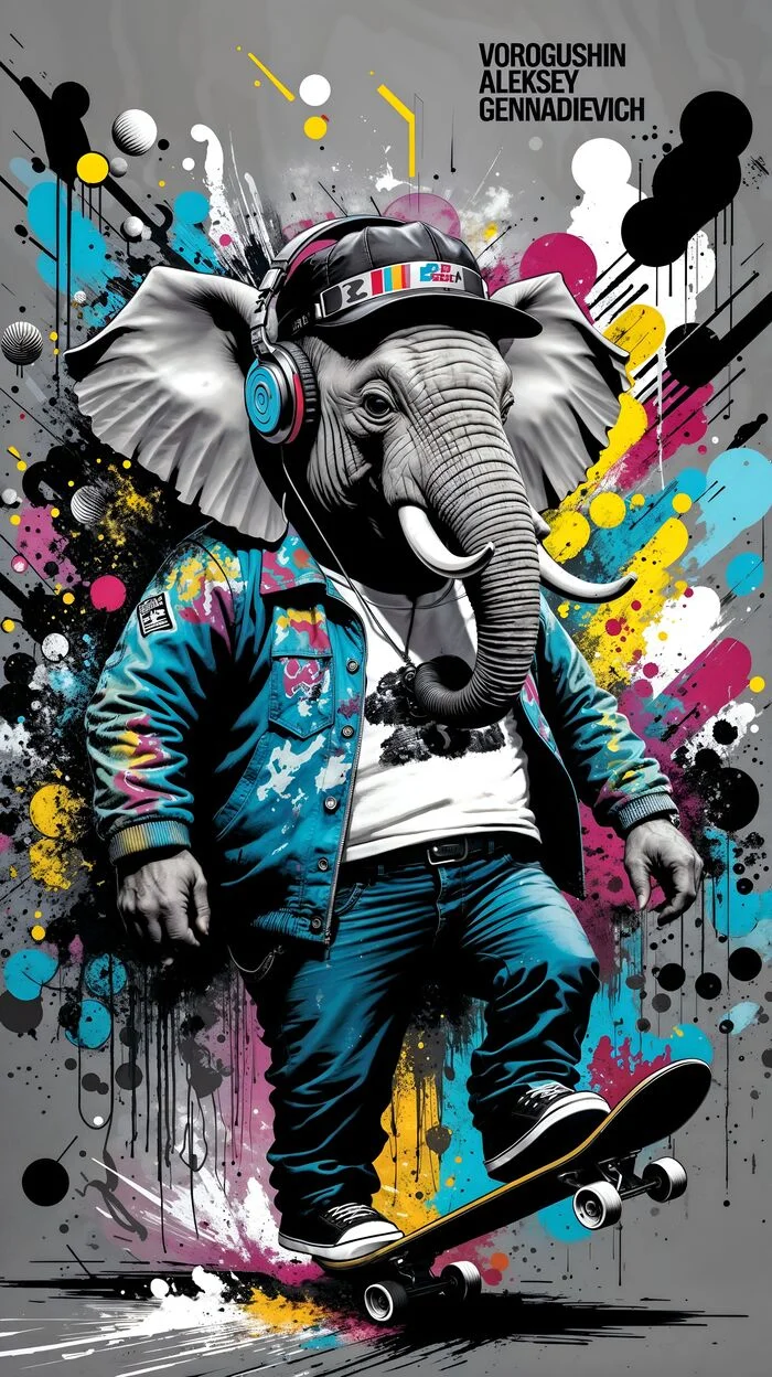 Contemporary artist: Vorogushin Alexey Gennadievich. Elephant in music headphones and on a skateboard in street art style. AI artist - My, Neural network art, Desktop wallpaper, Phone wallpaper, Digital, Нейронные сети, Modern Art, Dall-e, Computer graphics, Street art, Art, Graffiti, Artificial Intelligence, Cover, Elephants, Digital drawing, Longpost