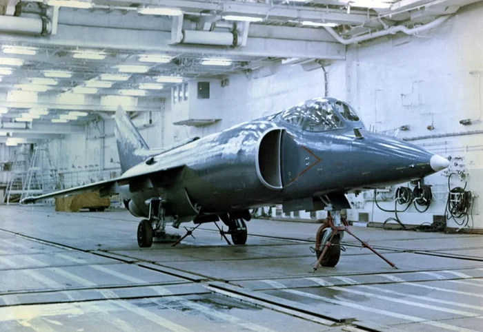 A Soviet Yak-38M (NATO reporting name: Forger) in the hangar of the Kyiv-class aircraft carrier - the USSR, 70th, 80-е, Made in USSR, Soviet army, Navy, Airplane, Yak-38