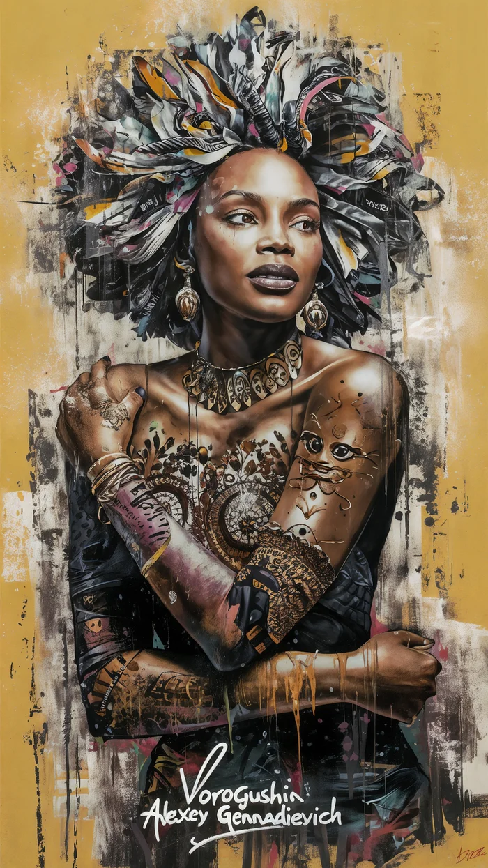 Contemporary artist: Vorogushin Alexey Gennadievich. African woman in traditional dress in the style of Afrofuturism. AI artist - My, Нейронные сети, Neural network art, Desktop wallpaper, Digital, Phone wallpaper, Art, Dall-e, Africa, Computer graphics, Art, Modern Art, Women, Girls, Portrait, Artificial Intelligence, Longpost