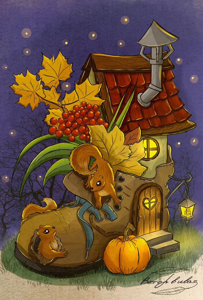 A bit of autumn mood - My, Milota, Images, Digital drawing, Art, Illustrations, Postcard, Animals, Autumn