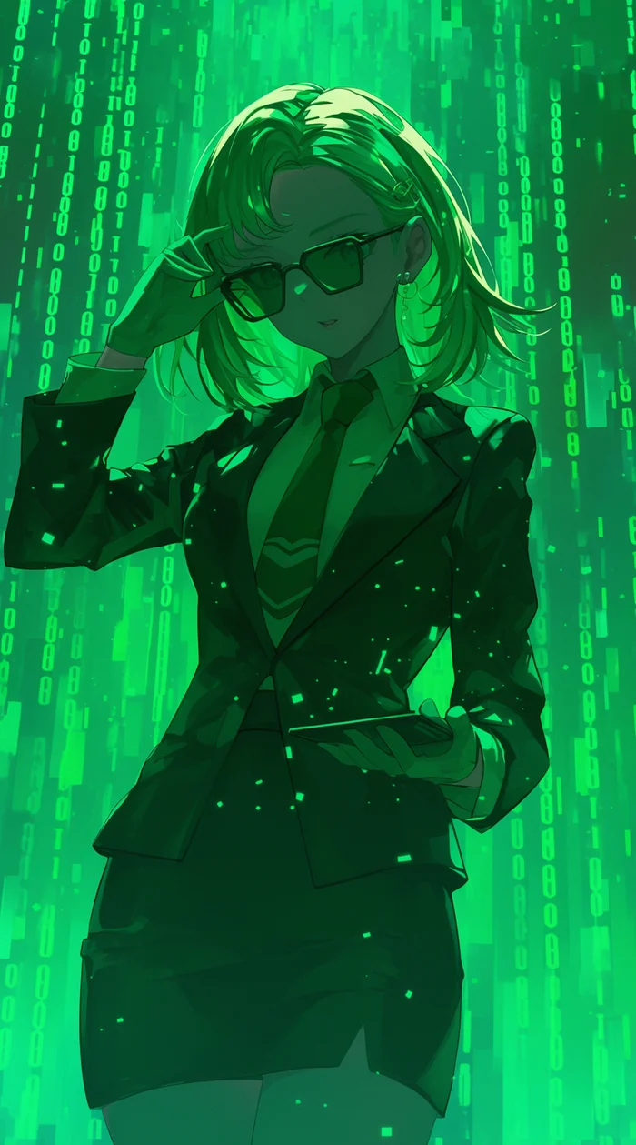 Mom's hacker Amelia in the Matrix - Моё, Anime Art, Арты нейросетей, Virtual YouTuber, Hololive, Watson Amelia, Матрица, Длиннопост, Матрица (фильм)