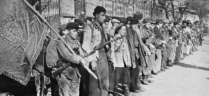 Ceremonial formation of the 2nd Komsomol-youth detachment Death to the fascists - The Great Patriotic War, Heroes, The photo, Black and white photo, the USSR, Crimea, Simferopol, 1944