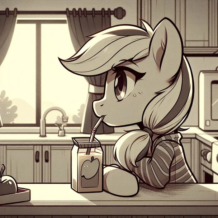 What do you like more in the morning? Juice or coffee? - My, My little pony, Applejack, Fluttershy, Coffee, Apple juice, Morning, Neural network art, Anthro