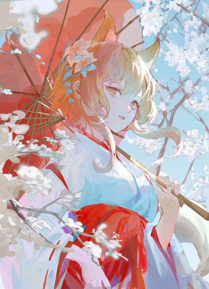 Lumine #006 - Anime, Anime art, Genshin impact, Lumine (Genshin Impact), Girls, Umbrella, Cherry, Animal ears