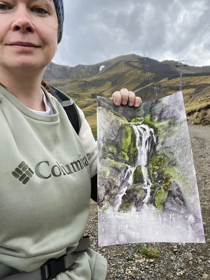 Arkhyz wet - My, Watercolor, Camping, Landscape, Etude, The mountains, Arkhyz, Waterfall, Plein air, Sketchbook, Artist, Video, Vertical video, Longpost