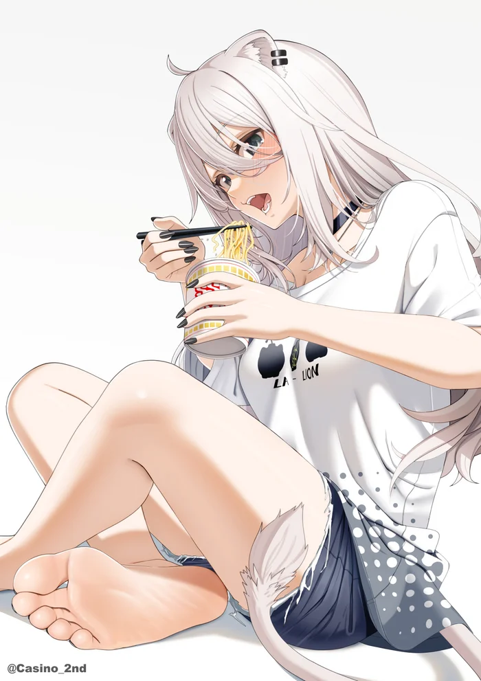 Fetishists don't even let you eat properly... - Anime, Anime art, Shishiro botan, Virtual youtuber, Hololive, Foot fetish, Animal ears, Tail, Noodles, Casino (artist)