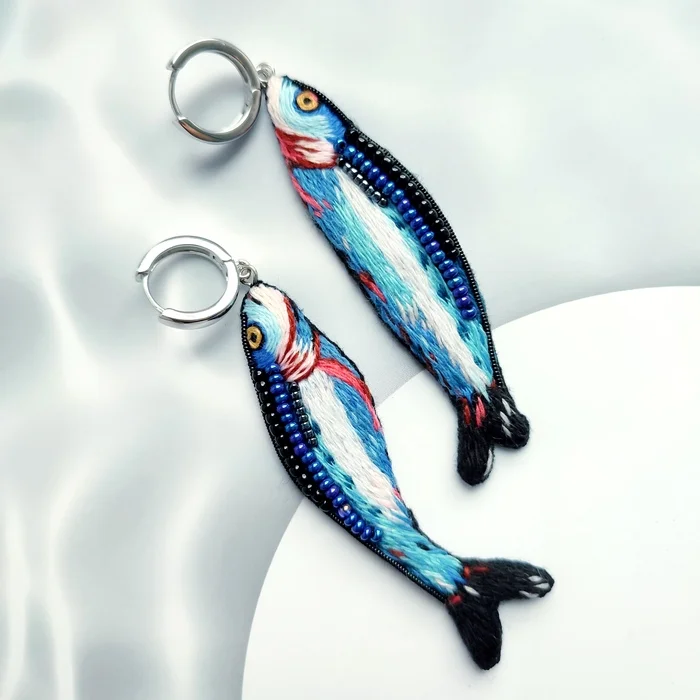 My fish) - My, Satin stitch embroidery, Handmade, Needlework without process, Earrings, Longpost