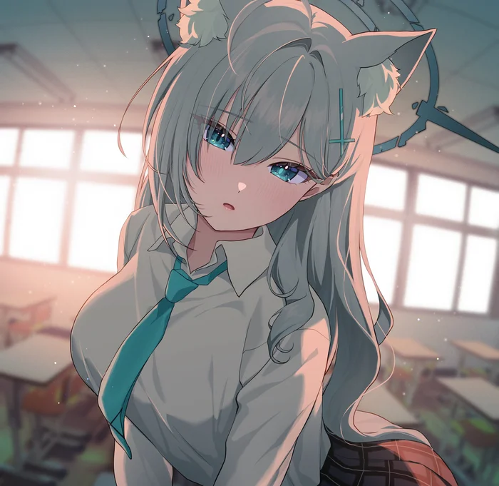 Sunaookami Shiroko #017 - Anime, Anime art, Blue archive, Shiroko Terror, Girls, School, Blush, Desk, Nimbus, Long hair, Animal ears, Barrette, Skirt, Tie