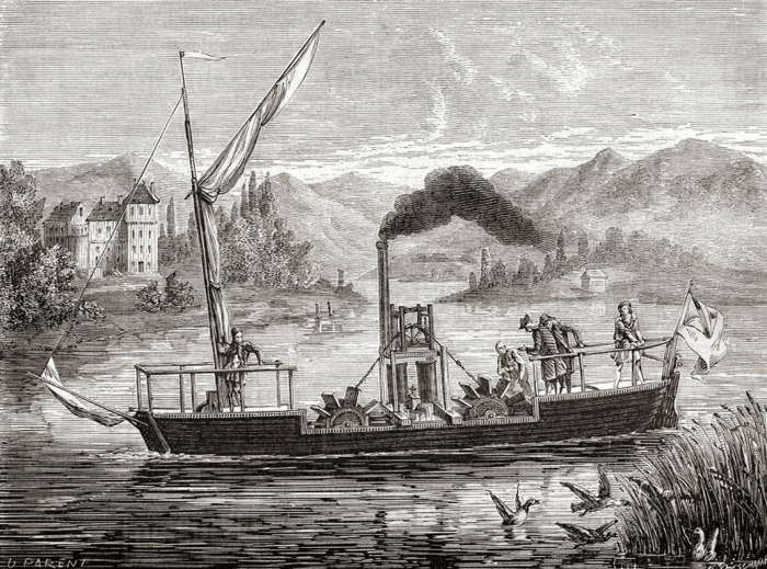 Эта версия имеет открытые гребные колеса (возможно, выставленные художником, чтобы показать, как это работает) и одну мачту. Романтический фон — это серьезный случай художественной вольности.