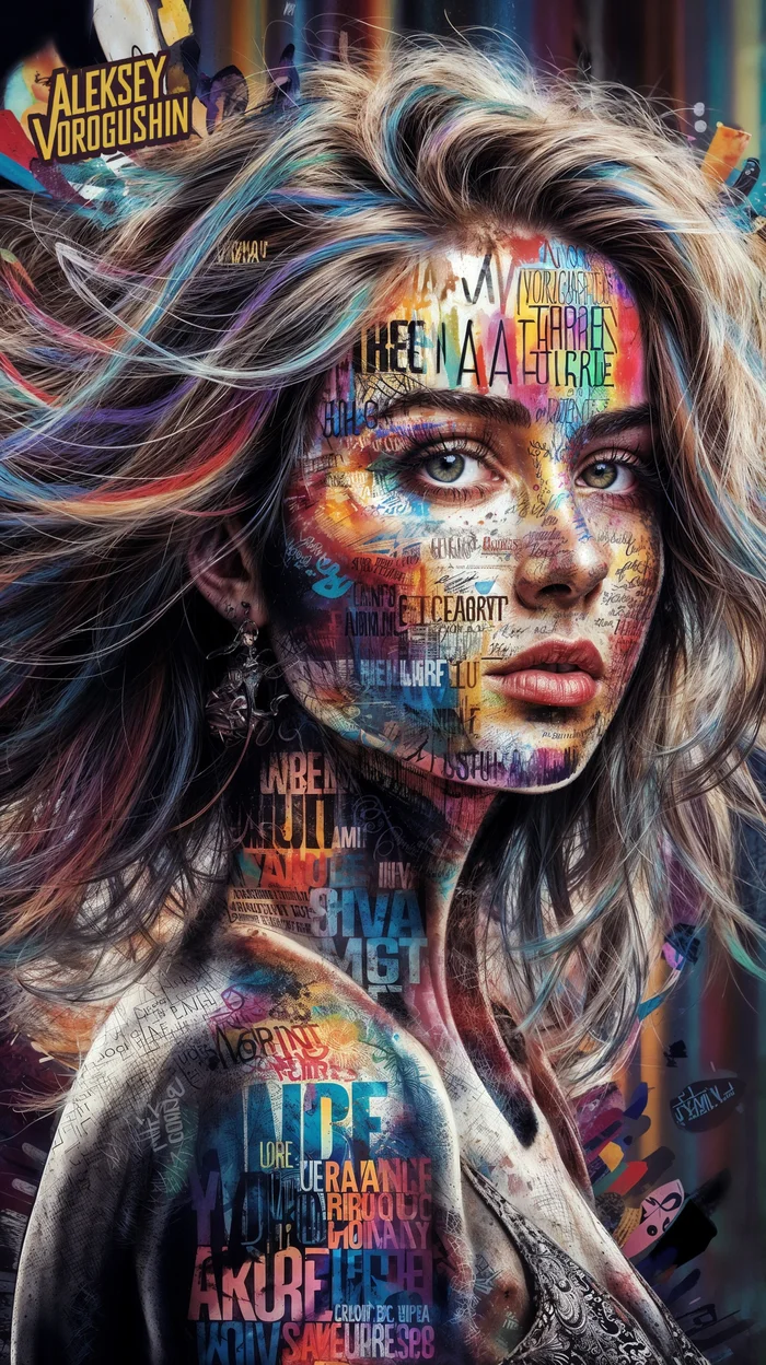 Contemporary artist: Vorogushin Alexey Gennadievich. Creative portrait of a girl from words in typographic style. AI artist - My, Нейронные сети, Digital, Desktop wallpaper, Neural network art, Phone wallpaper, Art, Girls, Art, Dall-e, Modern Art, Computer graphics, Cover, Longpost