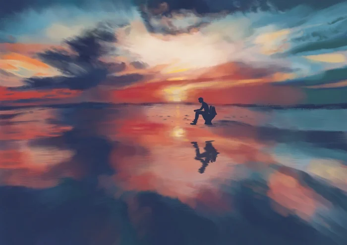 A place where one of the material parts forever leaves the abode of your spirit to go on its own path and mix with the chaos of the surrounding world. - My, Painting, Images, Drawing, Digital drawing, Landscape, Illustrations, Sea, Sunset, Art, Creation, Painting, Digital, Krita, Desktop wallpaper