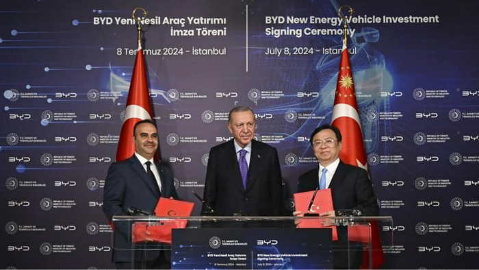 BYD и Турция договорились о кооперации на высшем уровне: инвестиционное соглашение подписали президент страны Реджеп Тайип Эрдоган (в центре) и председатель BYD Ван Чуаньфу (справа)