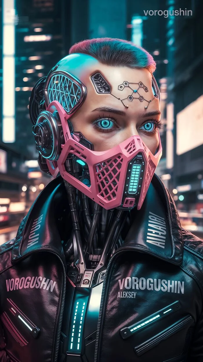 Contemporary artist: Vorogushin Alexey Gennadievich. Girl in a neon mask in the cyberpunk style. AI artist - My, Нейронные сети, Digital, Desktop wallpaper, Neural network art, Phone wallpaper, Cyberpunk, Dall-e, Computer graphics, Cyborgs, Robot, Girls, Art, Modern Art, Art, Neon, Mask, Artificial Intelligence, Artist, Longpost