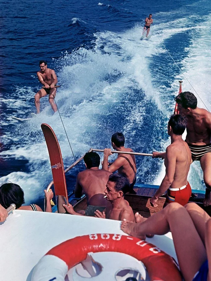 One of the hobbies of young people is water skiing. International youth camp Sputnik in Gurzuf, 1965 - Youth, Youth, Childhood in the USSR, Made in USSR, Retro, the USSR, Gurzuf, Sea, Water skiing, Old photo, Film, 60th, Telegram (link)