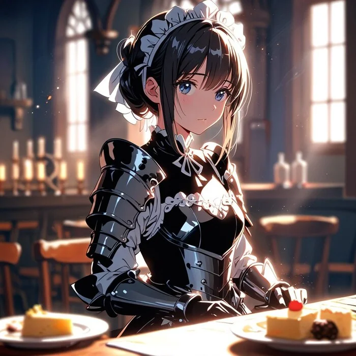 Cake? - My, Anime, Neural network art, Girls, Cake, Brunette, Housemaid, Armor