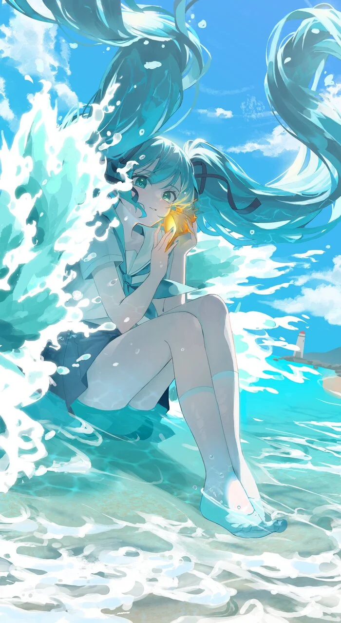 Hatsune Miku #146 - Anime, Anime art, Hatsune Miku, Girls, Long hair, Sea, Shore, Socks, Skirt, Tie, Butterfly