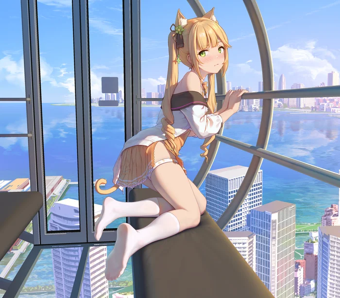 Beautiful view - Anime, Anime art, Original character, Foot fetish, Socks, Neko, Animal ears, Tail, Ferris wheel