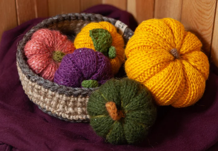 Cozy knitted pumpkins made of natural wool - My, Decor, Autumn, Pumpkin, Interior toy, Needlework, Decoration, Baskets, Handmade, Needlework without process, Presents, Interior Design, Longpost