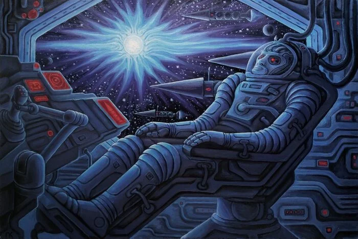 Deep Space Explorer. Oil on canvas - My, Art, Space, Science fiction, Space fiction, Painting, Космонавты, Robot, Spaceship, Cyberpunk