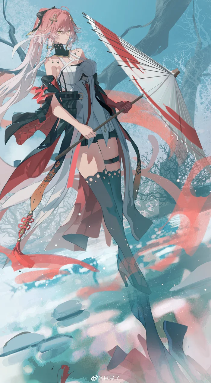 Changli #003 - Anime, Anime art, Wuthering Waves, Changli (Wuthering Waves), Girls, Umbrella, The dress, Long hair, Stockings