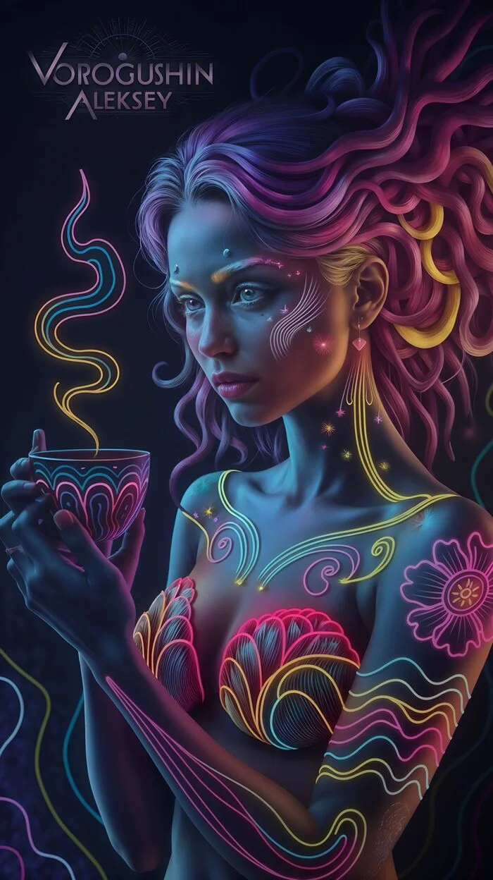 Contemporary artist: Vorogushin Alexey Gennadievich. Beautiful girl with body art and neon effects. AI artist - My, Нейронные сети, Digital, Desktop wallpaper, Neural network art, Phone wallpaper, Art, Dall-e, Digital drawing, Graphic design, Art, Modern Art, Computer graphics, Decorative arts, Girls, Bodypainting, Neon, Artificial Intelligence, Longpost