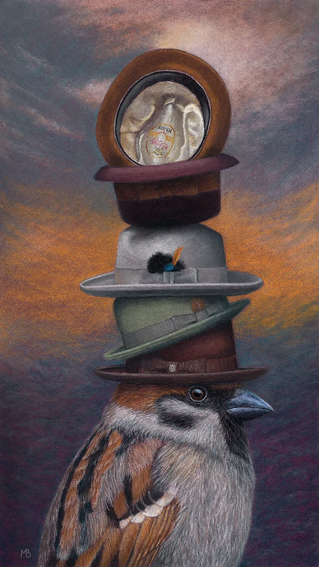 In hats - My, Art, Drawing, Birds, Animalistics, Birds in hats, Pastel, Traditional art, Sparrow, Hat