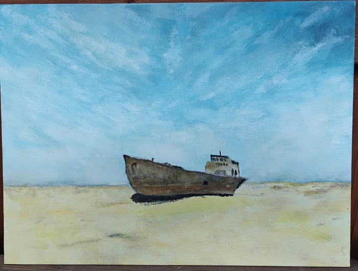 Alone in the sands - My, Painting, Art, Ship, Acrylic, Canvas, Sand, Sky