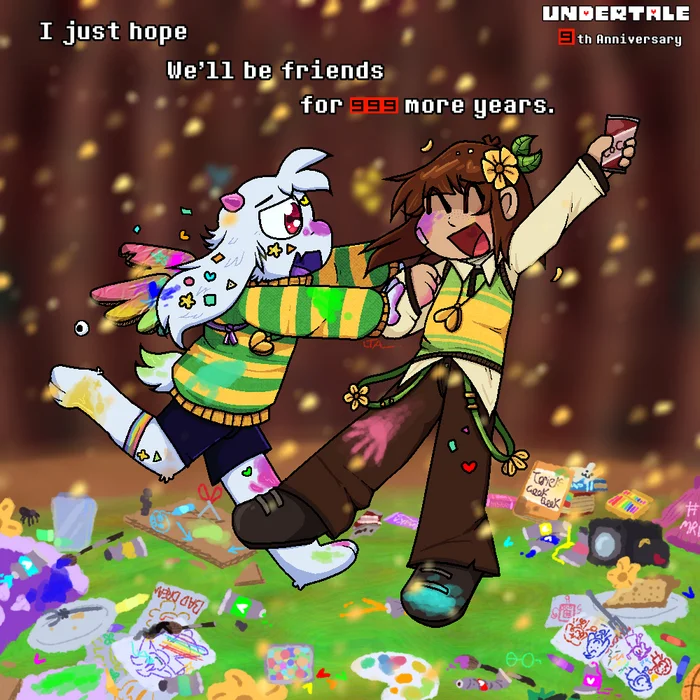 Collection of art in honor of the ninth anniversary of the game Undertale - Undertale, Art, Alltogether, Games, Frisk, Chara, Asriel, Toriel, Asgore, Papyrus, Sans, Undyne, Alphys, W D Gaster, Muffet, Mettaton, Napstablook, Monster Kid, Longpost, Video, Reddit (link)