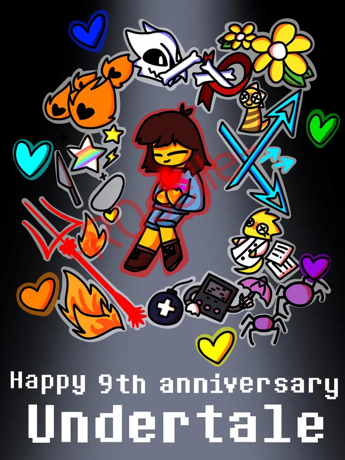 Collection of art in honor of the ninth anniversary of the game Undertale - Undertale, Art, Alltogether, Games, Frisk, Chara, Asriel, Toriel, Asgore, Papyrus, Sans, Undyne, Alphys, W D Gaster, Muffet, Mettaton, Napstablook, Monster Kid, Longpost, Video, Reddit (link)