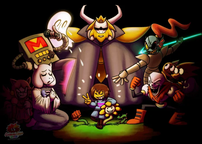 Collection of art in honor of the ninth anniversary of the game Undertale - Undertale, Art, Alltogether, Games, Frisk, Chara, Asriel, Toriel, Asgore, Papyrus, Sans, Undyne, Alphys, W D Gaster, Muffet, Mettaton, Napstablook, Monster Kid, Longpost, Video, Reddit (link)