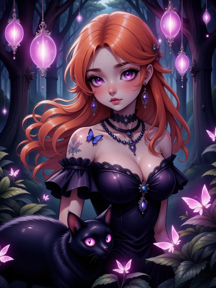 Neurotyanki #30 - My, Anime, Anime art, Neural network art, Flux, Original character, Нейронные сети, Stable diffusion, Redheads, Witches, Black cat, Longpost