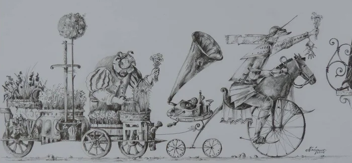 In Search of Dulcinea - My, Modern Art, Art, Pencil drawing, Don Quixote, Surrealism, Horses, Gramophone, Graphics, Cervantes, A bike, Knights, Sword, Armor, Don Quixote and Sancho Panza