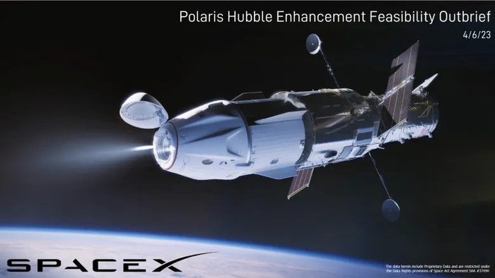 На титульном листе презентации от апреля 2023 года показано, как космический корабль SpaceX Crew Dragon может перезагрузить Хаббл в рамках программы Polaris. Предоставлено: НАСА / SpaceX