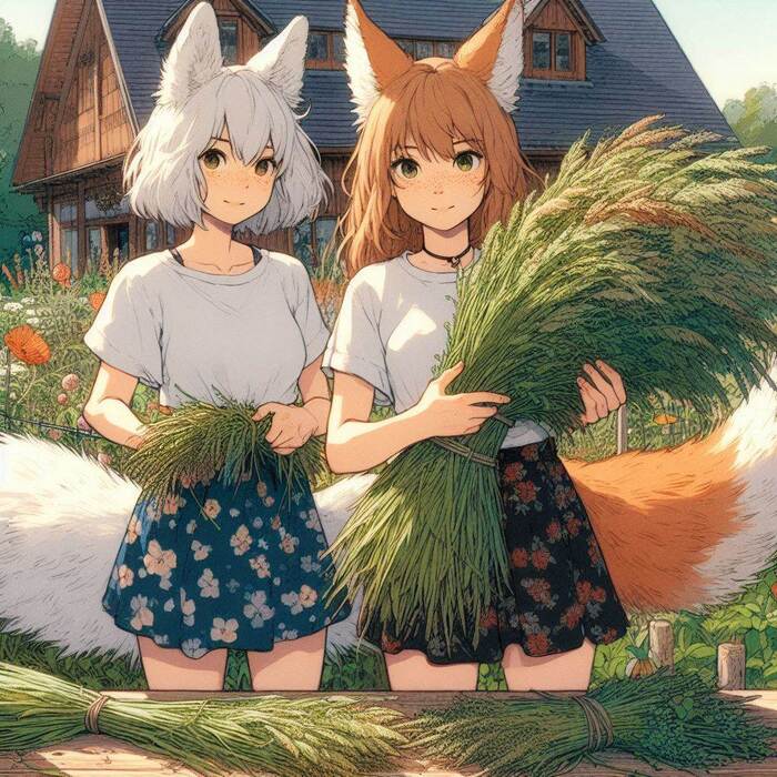 We are the best herbalists! - My, Neural network art, Art, Anime art, Girls, Нейронные сети, Anime, Original character, Kitsune, Animal ears, Tail, Redheads, Freckles, Medicinal herbs, Herbalist, Ginger & White, Longpost