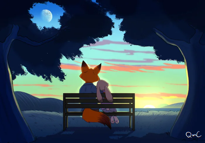 Sunset - Zootopia, Nick and Judy, Nick wilde, Judy hopps, Sunset, Benches, Romance, Art, Furry