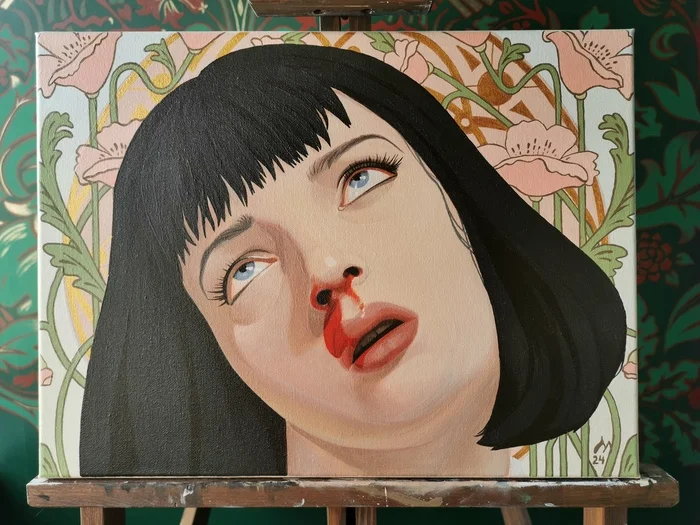 Mia - My, Pulp Fiction, Uma Thurman, Painting, Portrait, Flowers, Process, Video, Longpost