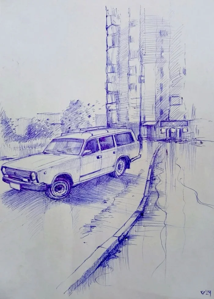 Severomorsk - My, Drawing, Graphics, Creation, Sketch, Pen drawing, Landscape, Severomorsk, Gaz-24 Volga, Sketch