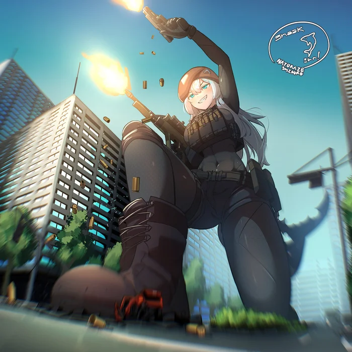 With weapons - Sigure-zzzz, Weapon, Town, Giantess, Anime art