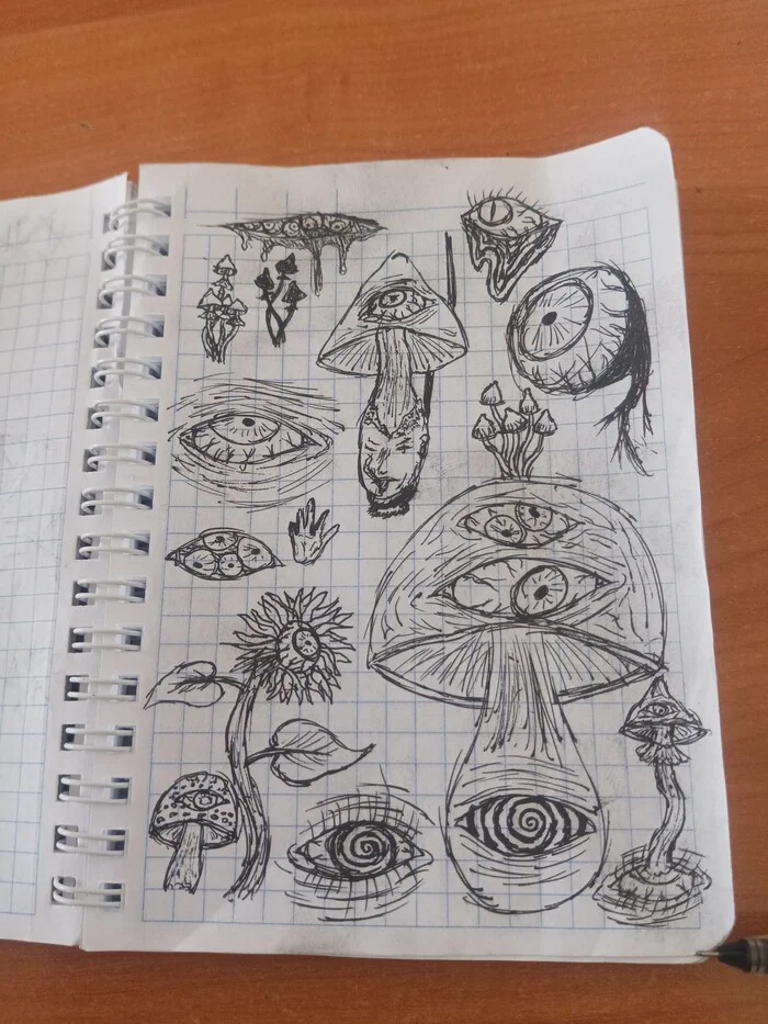 And again sketches - My, Psychedelic, Drawing, Pen drawing, Mushrooms, Eyes, Flowers, Sketch