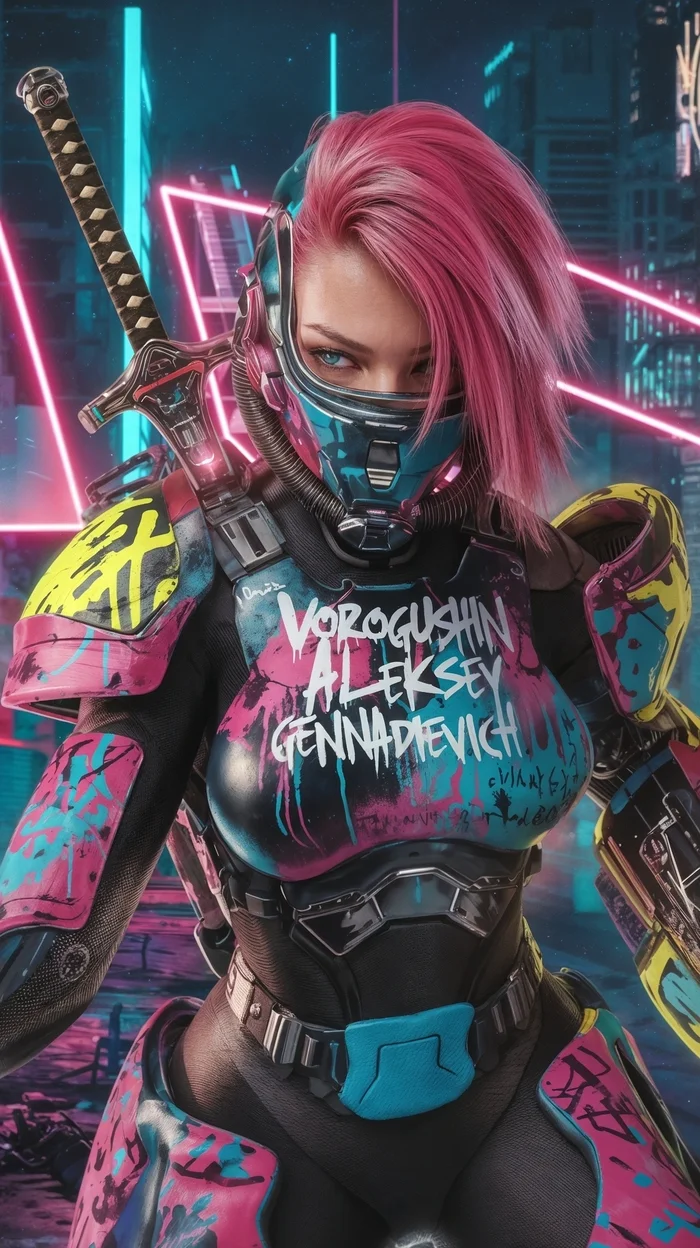 Contemporary artist: Vorogushin Alexey Gennadievich. Bright girl in cyberpunk style with neon effects. AI artist - My, Нейронные сети, Digital, Desktop wallpaper, Phone wallpaper, Neural network art, Art, Art, Dall-e, Computer graphics, Modern Art, Girls, Cyberpunk, Digital drawing, Artist, Cover, Longpost