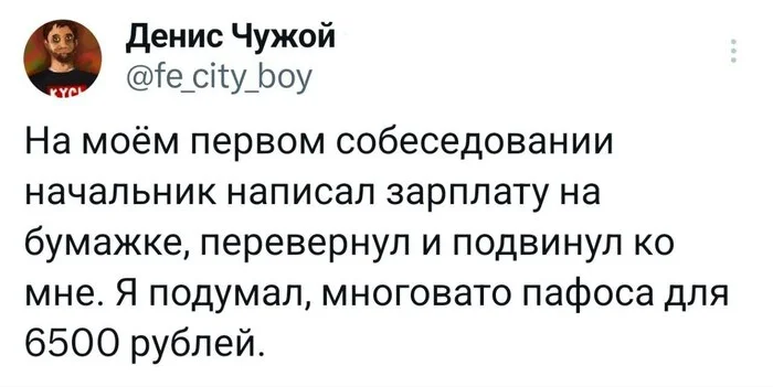 То самое первое собеседование в шаражкину контору: - Собеседование, Карьера, Профессия, Скриншот, Юмор, Зарплата, Пафос, Денис Чужой, Twitter