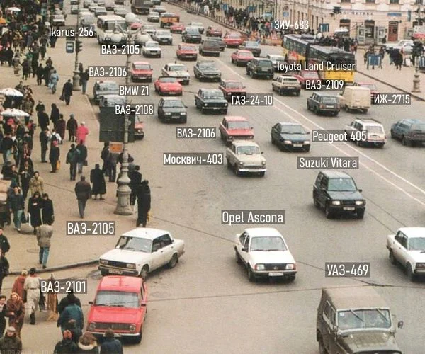 What cars were driving on the streets in 1996: Nevsky Prospect, St. Petersburg - Hardened, Picture with text, Saint Petersburg, Nevsky Prospect, Auto