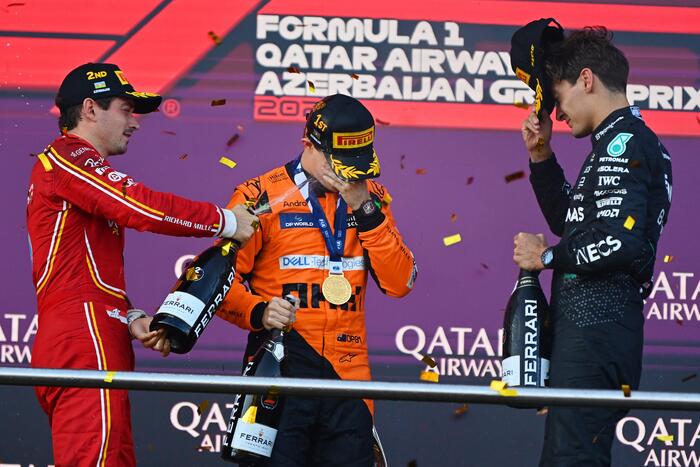 The entire podium belongs to F2 champions - Formula 1, Автоспорт, Race, The Grand Prix, Azerbaijan, 2024, Victory, Oscar Piastri, Charles Leclerc, George Russell, Champion, Formula 2, Competitions